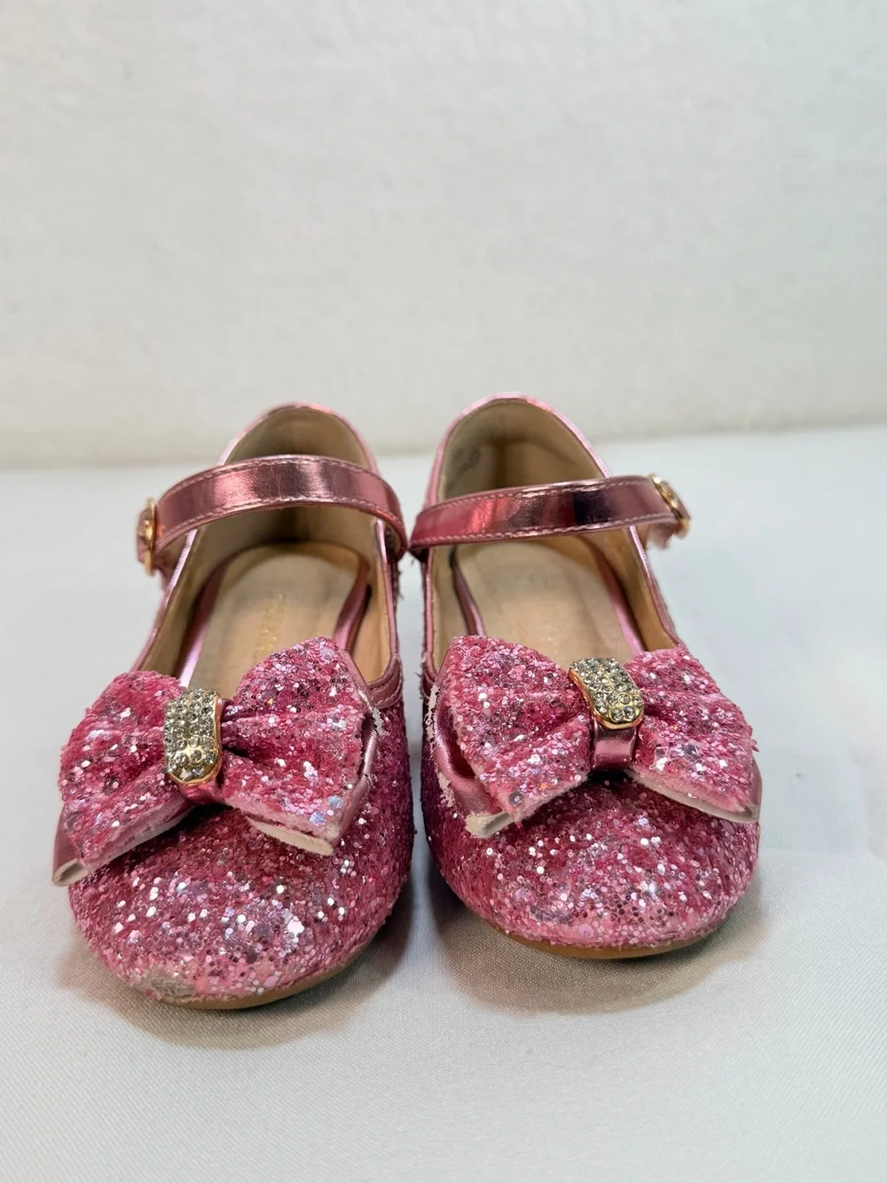 Girls Sparkle Pink Mary Jane Dress Shoes with Bow Accent